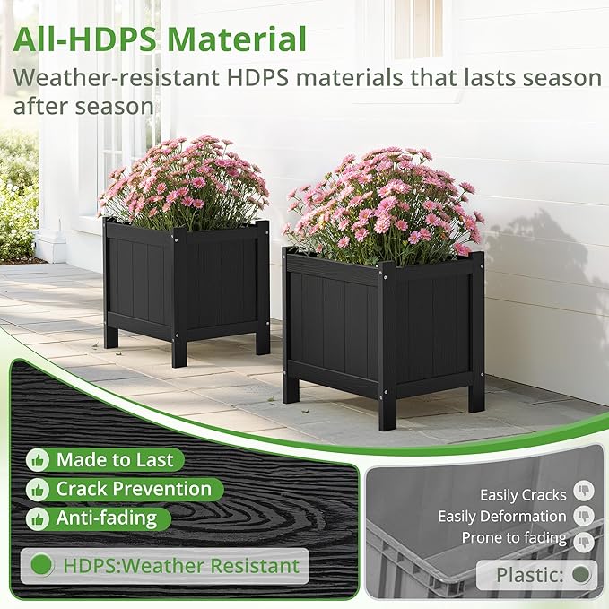 LUE BONA Outdoor Plant Pots Set of 2, 13.7" x 12.5" x 14.5" HDPS Flower Pots with Drainage Holes, Outdoor Planter Box for Outdoor Plants - Porch Patio, Garden or Entryway, Black