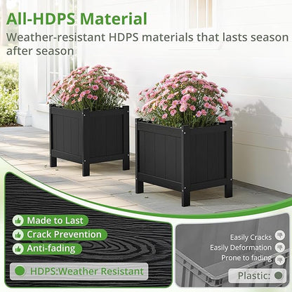 LUE BONA Outdoor Plant Pots Set of 2, 13.7" x 12.5" x 14.5" HDPS Flower Pots with Drainage Holes, Outdoor Planter Box for Outdoor Plants - Porch Patio, Garden or Entryway, Black