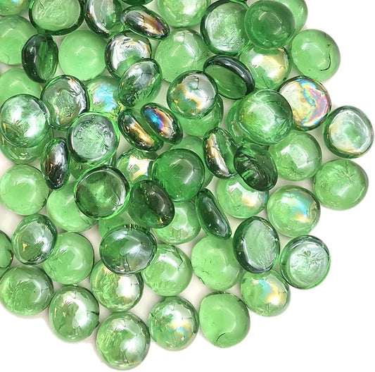 Flat Glass Marbles 1 Pound Vase Filler Fire Pit Glass Pebbles for Indoor Plants, Aquarium Fish Tank Decorations, Home Decor, Fire Pit, Landscaping, Arts Crafts (Green)