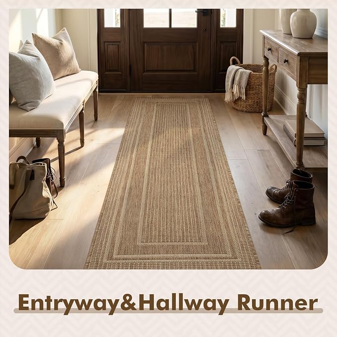 MontVoo-2x8 ft Indoor Outdoor Runner Rugs for Entryway Porch Hallway Kitchen Door Entrance Long, Textured Weave Polypropylene, Durable for High Traffic, Fade-Resistant, Modern Solid Neutral Brown