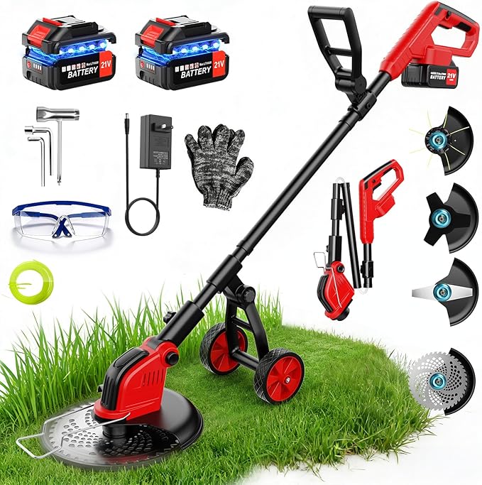 Electric Weed Wacker with Wheels, 12-Inch 2x3.0Ah 21V Battery Powered Weed Eater, Cordless Lawn Mower with 4 Types Blades, 800W Brushless Brush Cutter, 20000RPM Grass Trimmer for Garden Yard