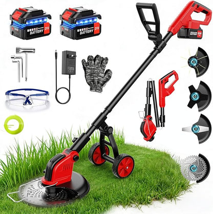 Electric Weed Wacker with Wheels, 12-Inch 2x3.0Ah 21V Battery Powered Weed Eater, Cordless Lawn Mower with 4 Types Blades, 800W Brushless Brush Cutter, 20000RPM Grass Trimmer for Garden Yard