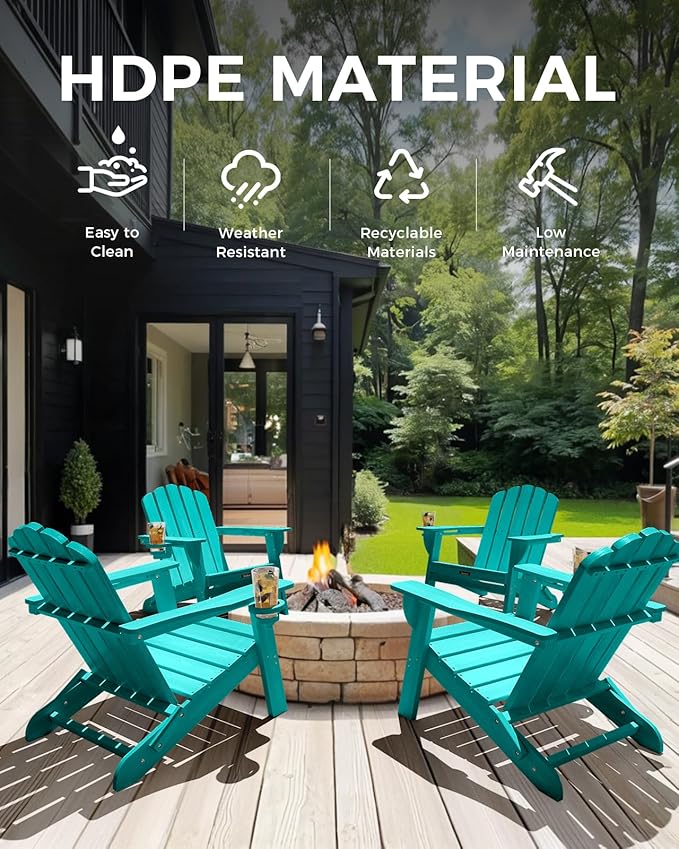 Folding Adirondack Chair,All-Weather HDPE Fire Pit Chair with 2 Cup Holders, Plastic Outdoor Chair for Patio Deck Garden Lawn, Lakeblue