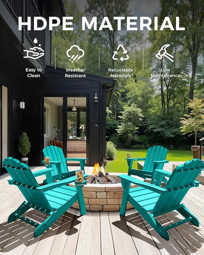 Folding Adirondack Chair,All-Weather HDPE Fire Pit Chair with 2 Cup Holders, Plastic Outdoor Chair for Patio Deck Garden Lawn, Lakeblue
