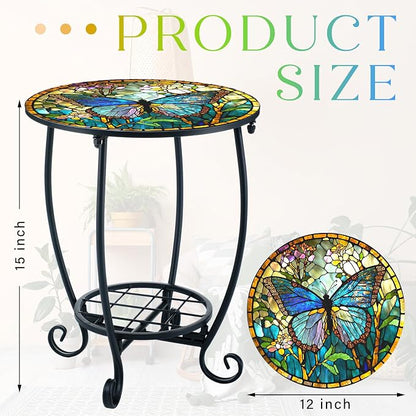 Cinnvoice Outdoor Side Table Round Small Mosaic Patio Accent Indoor End Plant Coffee Tea Table for Yard Patio Porch Garden Living Room, Bedroom(Butterfly Style,12 Inch)