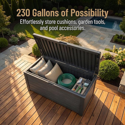 230 Gallon Deck Box, Waterproof Resin Outdoor Storage Box Lockable for Patio Furniture, Fade Resistant Patio Side Table & Organizer for Garden Tools, Pool Float, Outdoor Cushions, Light Coffee
