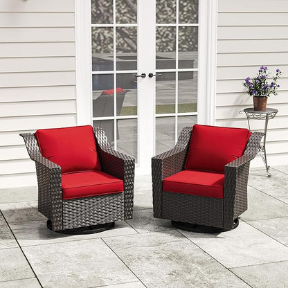 Patio 2 Pieces Wicker Swivel Chairs Set of 2，Outdoor PE Rattan Rocking Glider Armchairs, Water-Resistant Cushions with Removable and Washable Covers, Porch, Balcony, Sunroom (RED)