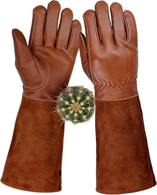 Leather Gardening Gloves for Women Men, Long Rose Pruning Gloves Thorn Proof Cowhide Gauntlet Cactus Garden Gloves for Yard