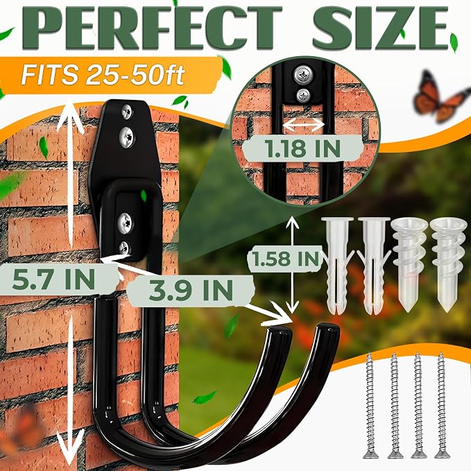 Garden Hose Hook for Outside with Heavy-Duty Steel Construction - Anti-Slip Coating, Holds Up to 66 lbs of Hoses, Cords, and Tools - Hose Hanger Wall Mount for Yard, Garage, Pool Deck, or Fence Post