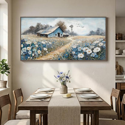Large Framed Farmhouse Canvas Wall Art for Living Room, Blue Vintage Rustic Barn Horizontal Canvas Prints, Country Floral Wall Decor for Bedroom Dining Room Hallway 30x60 Inch