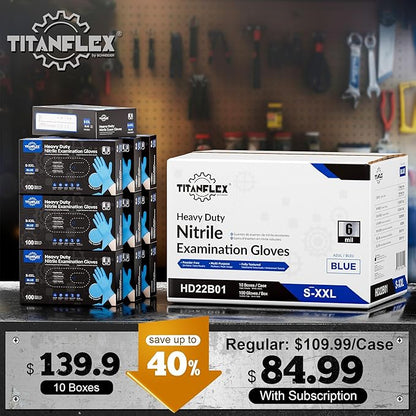 TitanFlex Heavy-Duty Blue Nitrile Gloves, 6-mil, Fully Textured, Mechanic Disposable Gloves, Powder-Free, Latex-Free