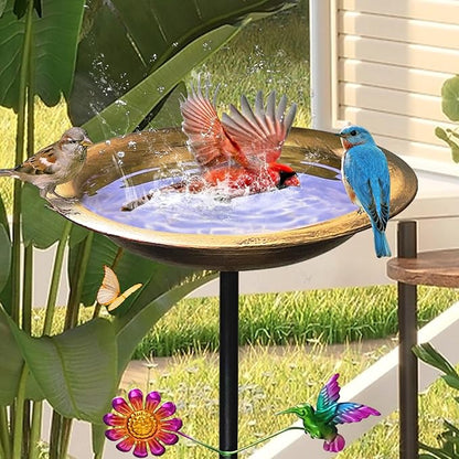 Bird Bath for Outdoors,Metal Freestanding Garden Bird Feeder with Decorative Hummingbird & Flower Accent,Vintage Antique Bronze Bowl for Yard,Lawn & Patio Decor(31.5 Inch H-Stake)