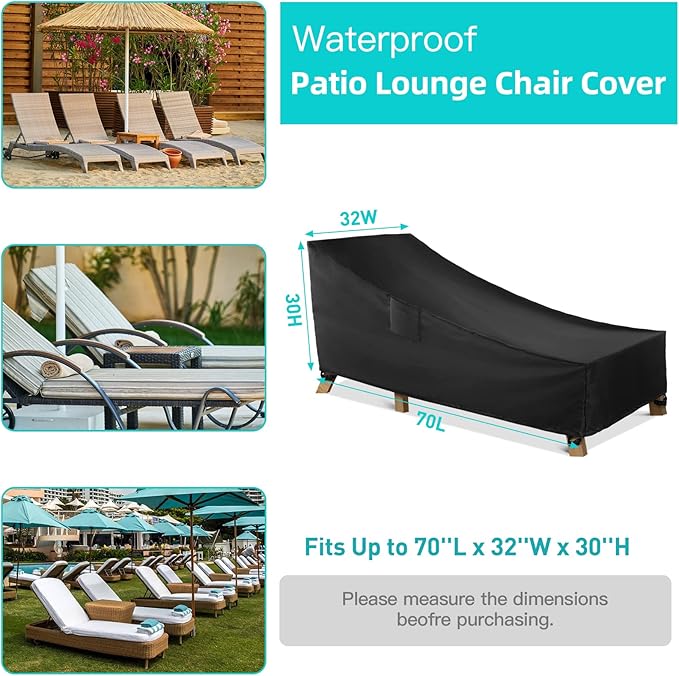 WLEAFJ Patio Chaise Lounge Cover Waterproof, Heavy Duty Outdoor Lounge Chair Covers, Black Durable Patio Furniture Covers, 70L x 32W x 30H inch