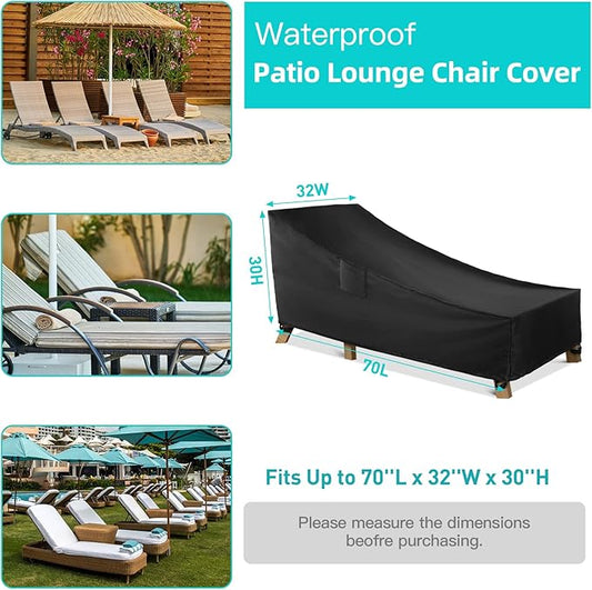 WLEAFJ Patio Chaise Lounge Cover Waterproof, Heavy Duty Outdoor Lounge Chair Covers, Black Durable Patio Furniture Covers, 70L x 32W x 30H inch