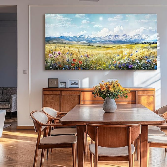 SERIMINO Outdoor Landscape Large Wall Art, Nature Country Scenic Canvas Art Prints, Meadow Wildflowers Big Artwork for Walls, Mountain Cloud Sunlit Pictures for Living Room Dining Room 29"X57"
