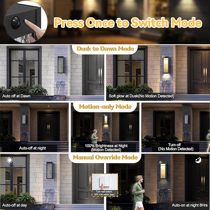 Motion Sensor LED Outdoor Wall Light Fixtures 2 Pack, Modern Dusk to Dawn Sensor Porch Outdoor Lighting, Black 15 Inch Water Ripple Exterior Wall Sconce, LED Outside Lantern for Garage Front Door