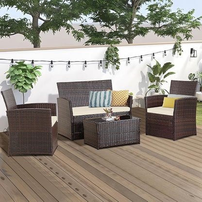 FHFO 4 Piece Outdoor Patio Furniture Sets, Wicker Conversation Sectional Set, Rattan Chairs with Table and Loveseat for Balcony Porch Backyard (Brown-Beige)