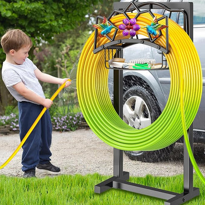 Garden Hose Holder, Heavy Duty Metal Water Hose Holder with Storage Basket, Freestanding Hose Stand Hanger, Sturdy Hoses Storage Rack 150-feet for Outside Yard Lawn