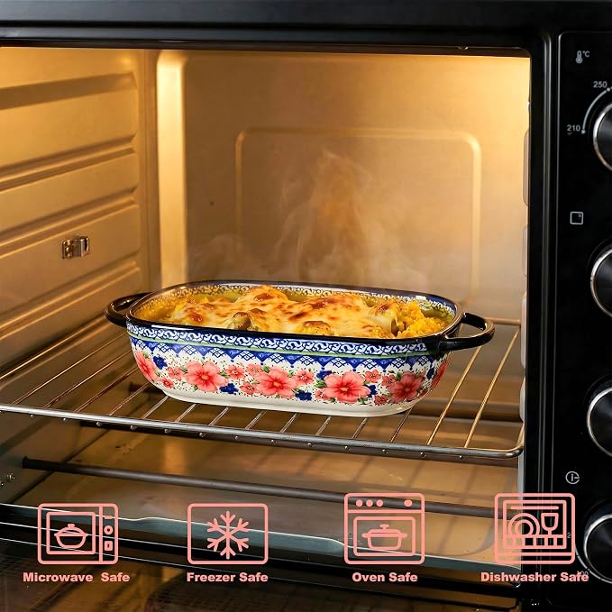Ceramic Casserole Dishes for Oven, Hand-painted Polish Pottery Baking Dish Set of 2, 0.8QT / 2QT Porcelain Casserole Dishes with Handles, Baking Pan Lasagna Pan, Gift for Family/Friend (Red)
