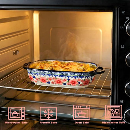Ceramic Casserole Dishes for Oven, Hand-painted Polish Pottery Baking Dish Set of 2, 0.8QT / 2QT Porcelain Casserole Dishes with Handles, Baking Pan Lasagna Pan, Gift for Family/Friend (Red)