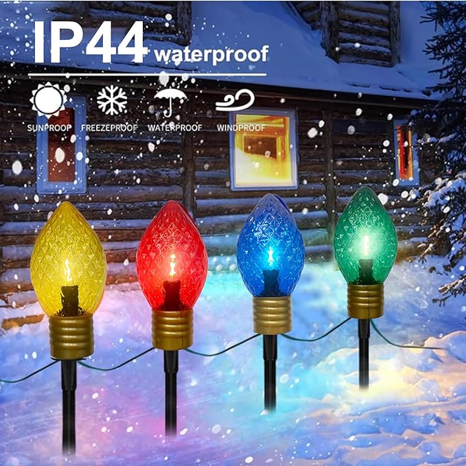 Jumbo C9 Christmas Pathway Lights Outdoor, 2 Pack Total 14Ft 8 LED C9 Giant Multicolor Christmas Walkway Lights, Connectable Outdoor Christmas Decorations Stakes Light for Lawn Yard Garden Holiday