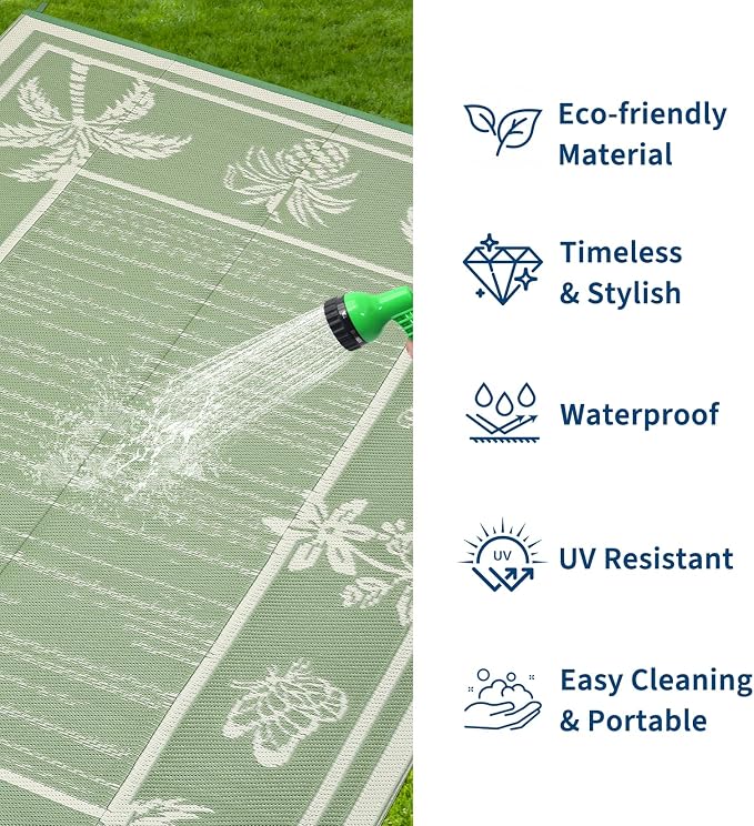 Garvee Outdoor Rug 9x12 Waterproof for Patios, Reversible Plastic Straw Rug, Tropical Leaf Indoor Outdoor Rugs, Large Area Rug for RV, Camping, Deck, Picnic Mat, Outside Carpet