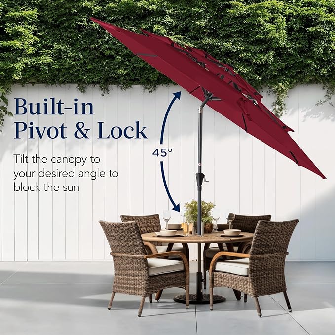 Best Choice Products 10ft 3-Tier Market Patio Umbrella, Outdoor Sun Shade with Tilt, Crank Lift, 8 Ribs for Backyard, Deck, Poolside – Burgundy