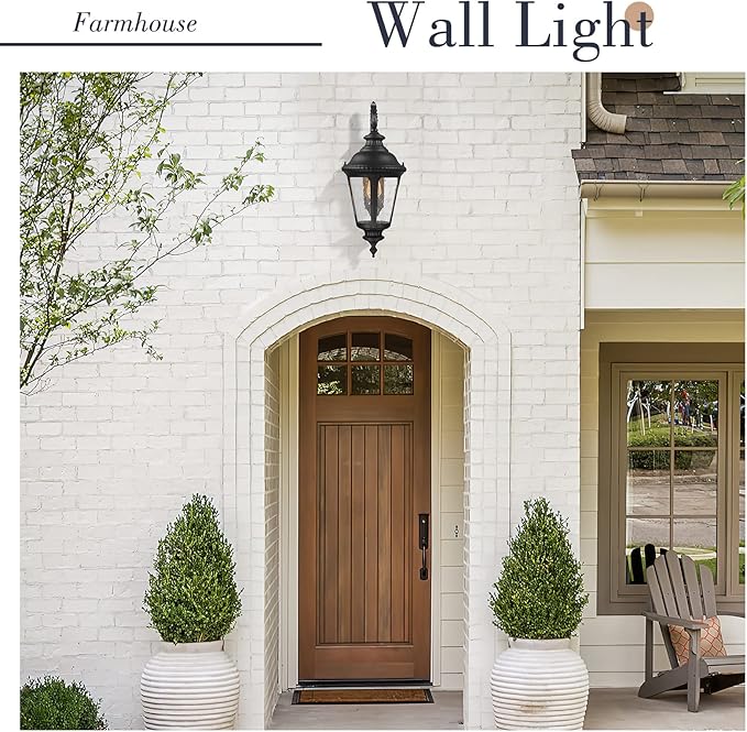 Emliviar Farmhouse Outdoor Light Fixtures Wall Mount 28.4 Inch, Large Outside Lamp for Porch, Outdoor Carriage Light with Seeded Glass, Black Finish, XE265B BK