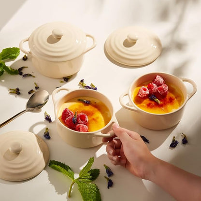 Kook Ceramic Mini Cocotte Set, Small Casserole Dishes with Lids and Handles, Individual Baking Ramekins, Oven, Microwave & Dishwasher Safe, Stoneware, 12 oz, Set of 4, Ivory
