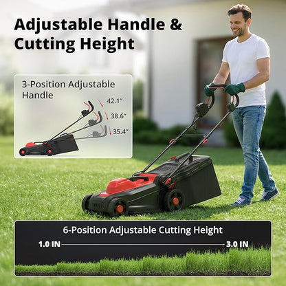 AMERISUN 14-Inch 2IN1 Electric Lawn Mower, 12.5 Amp 3400RPM Corded Push Mower with 6-Position Height Adjustment, 10-Gallon Grass Catcher & Mulching Kit, Lightweight Lawn Mower for Small/Medium Yards