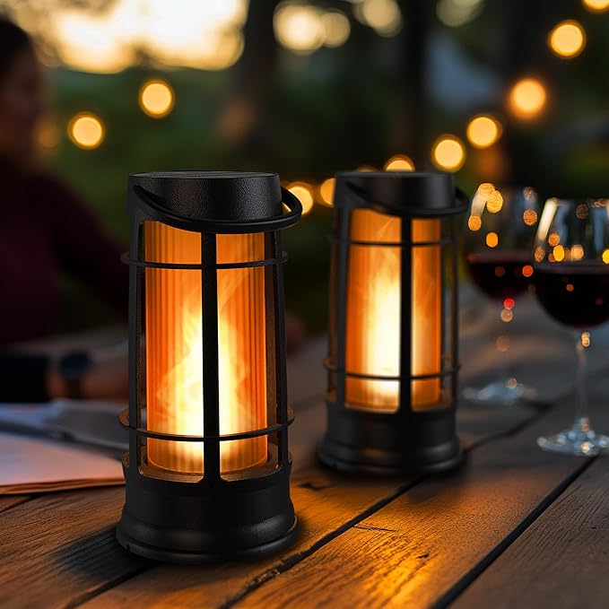 Metal Outdoor Solar Lantern, Flickering Solar Lanterns Outdoor Waterproof with Patented LED, Outdoor Lanterns for Porch, Patio, Garden, Tabletop, Hanging Use, Matte Black (4 Pack)