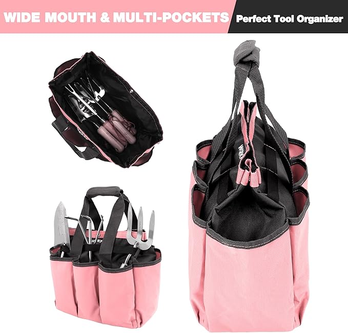 WORKPRO Garden Bag, Garden Tool Tote Storage Bag with 8 Pockets, Home Organizer for Outdoor Gardening Caddy, Garden Tool Kit Holder (Tools NOT Included), Garden Gifts, Pink Ribbon