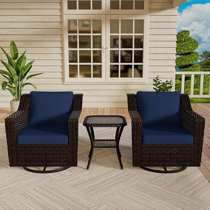 VistaVibe 3 Pieces Outdoor Patio Conversation Furniture Set - 360 Degree Swivel Glider Rocker Chairs | Wicker End Table, Washable Cushions, Hand-Woven PE Rattan, Lawn, Sunroom (Brown/Navy)