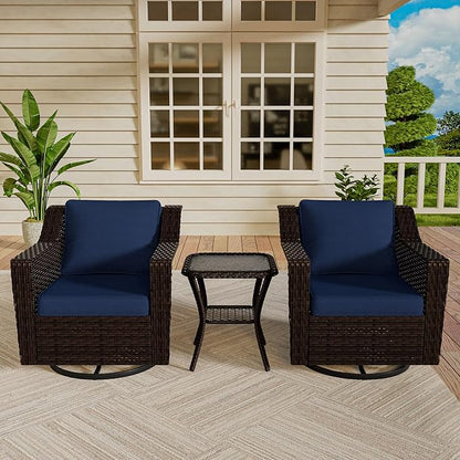VistaVibe 3 Pieces Outdoor Patio Conversation Furniture Set - 360 Degree Swivel Glider Rocker Chairs | Wicker End Table, Washable Cushions, Hand-Woven PE Rattan, Lawn, Sunroom (Brown/Navy)