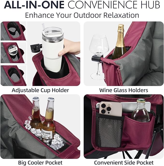 Oversized Camping Chair for Adults - Heavy Duty Padded Outdoor Folding Lawn XL Camp Chair with Cup Holder Cooler Pockets for Sports Beach Fishing Garden Portable Supports 500lbs, Red/Grey
