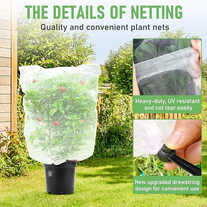 Fruit Tree Netting, Plant Mesh Netting for Garden Protection, Blueberry Bush Insect Netting Cover as Garden Pest Barrier from Cicadas, Bug, Bird (3.3x4.9 FT, 4Pcs, with Drawstring Design)