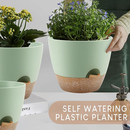 Plant Pots 10/9/8/7.5/7 inch, Self Watering Planters with Drainage Holes & Saucers for Indoor and Outdoor Plants (Green)