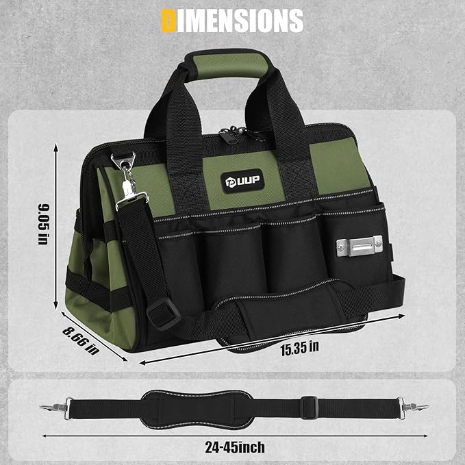 UUP Heavy Duty Tool Bag 15-Inch, 16-Pocket Portable Empty Tool Box Organizer, Big Storage Toolbox Organization, Soft Handle Large Zipper Carrying Toolbag, Father Day Gifts for Him Dad Men, Green