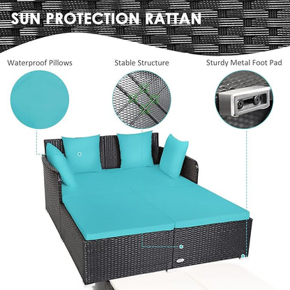 COSTWAY Outdoor Patio Rattan Daybed, Sponge Cushioned Loveseat Sofa with 4 Pillows, Wicker Furniture Sunbed for Balcony, Courtyard (Turquoise)
