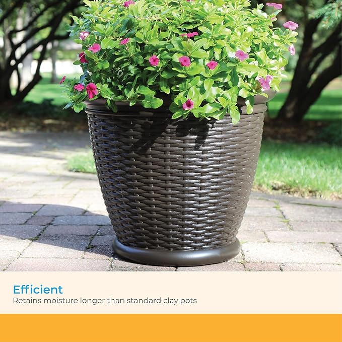 Suncast Wicker Planter w/ Drillable Drain Holes, Decorative Indoor/Outdoor Pot, 18in, Java