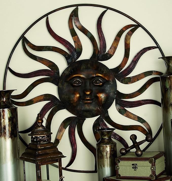 Deco 79 Metal Sun Home Wall Decor Indoor Outdoor Wall Sculpture with Colorful Painted Accents, Wall Art 36" x 2" x 36", Brown