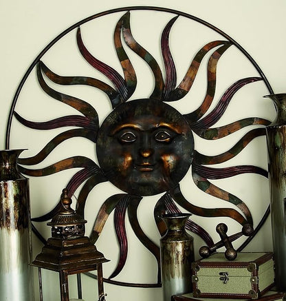Deco 79 Metal Sun Home Wall Decor Indoor Outdoor Wall Sculpture with Colorful Painted Accents, Wall Art 36" x 2" x 36", Brown