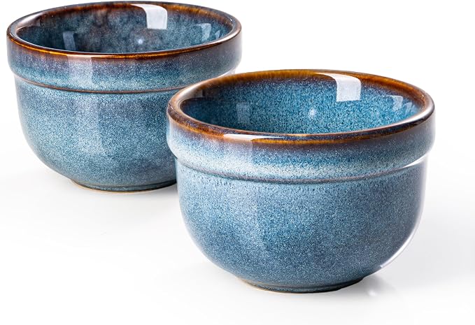 Henten Home 6 oz Ramekins Set Oven Safe, Ceramic Creme Brulee Ramekins Set of 2, Baking Cups for Pudding, Souffle, Ice Cream, Snack, Dipping (Blue)