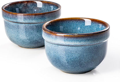 Henten Home 6 oz Ramekins Set Oven Safe, Ceramic Creme Brulee Ramekins Set of 2, Baking Cups for Pudding, Souffle, Ice Cream, Snack, Dipping (Blue)