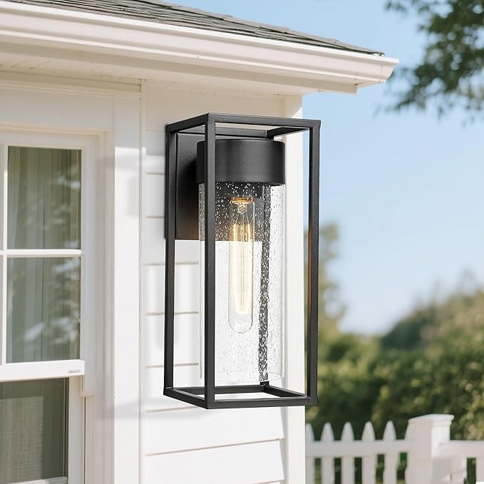 Bestshared Outdoor Modern Wall Light, Exterior Wall Mount Lights, Outdoor Lighting Fixture, Porch Sconce Light with Seeded Glass, Lantern Lamp for Patio, Entryway,Garage (Black, 13" H)