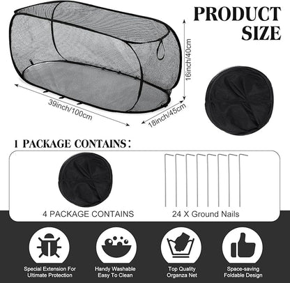 4 Pcs 39" x 18" x 16" Pop up Garden Mesh Plant Cover Outdoor Plant Protector Garden Row Raised Bed Cover with Ground Nails Crop Cage Net for Seedlings Vegetable Fruit Herbs (Black)