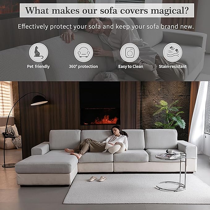 OHSIO Sectional Couch Covers, Wear Resistant Stretch Sofa Covers Washable Soft Couch Cushion Covers Anti Slip Furniture Protector Sofa Slipcovers for Pets (1 Piece Loveseat Cover, Light Gray)