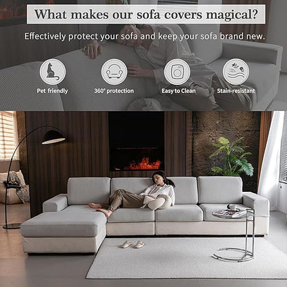 OHSIO Sectional Couch Covers, Wear Resistant Stretch Sofa Covers Washable Soft Couch Cushion Covers Anti Slip Furniture Protector Sofa Slipcovers for Pets(3 Pieces 2 Seaters+1 Chaise, Light Gray)