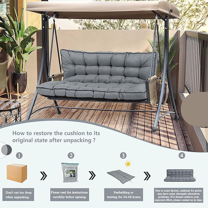 2/3 Seater Swing Replacement Cushion, Waterproof Porch Swing Cushions with Backrest, Thickened Bench Cushions for Outdoor Furniture, for Outdoor Patio Swing (Light Grey, 63 * 40in)