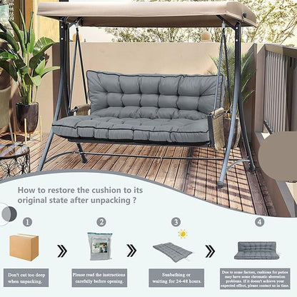 2/3 Seater Swing Replacement Cushion, Waterproof Porch Swing Cushions with Backrest, Thickened Bench Cushions for Outdoor Furniture, for Outdoor Patio Swing (Light Grey, 63 * 40in)